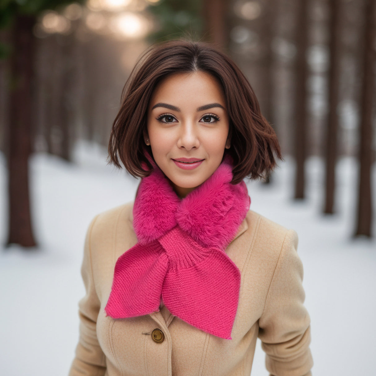 Black Ginger Bela Knitted Tie Fur Faux Collar Scarf - Pink