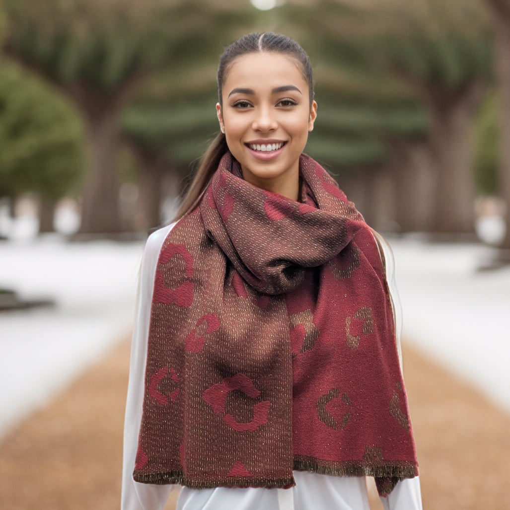 Black Ginger Buki Sparkling Animal Print Pashmina Scarf - Red