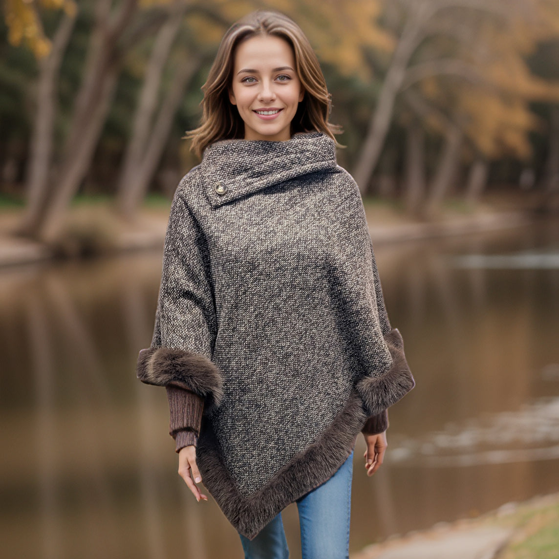 Black Ginger Button Collar Faux Fur Trim Poncho - Brown