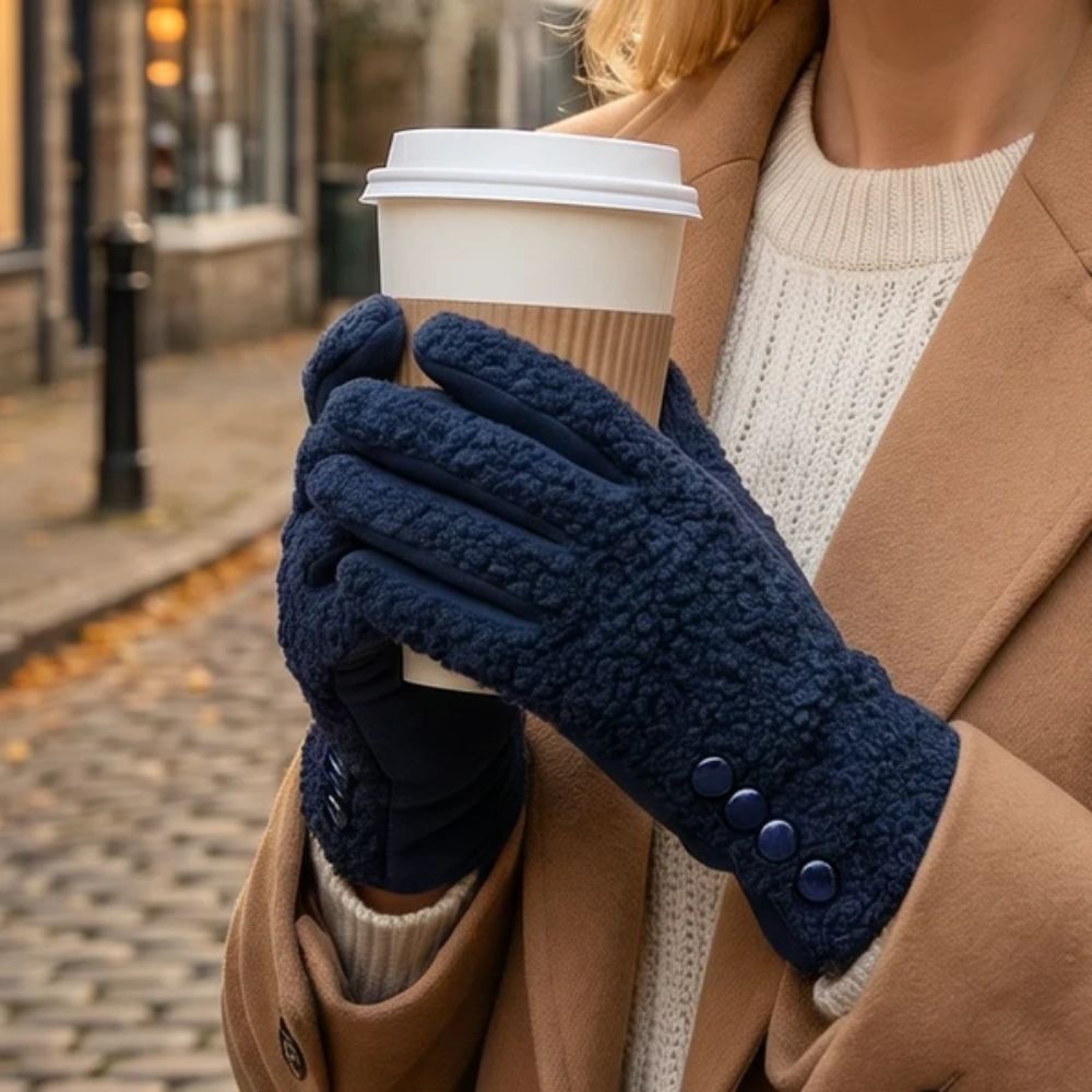 Black Ginger Buttoned Teddy Bear Gloves - Navy Blue