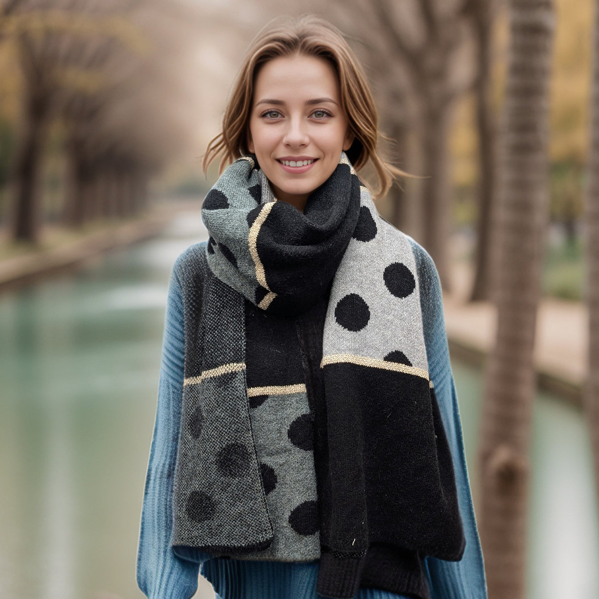 Black Ginger Dasa Knitted Spotty Scarf - Grey