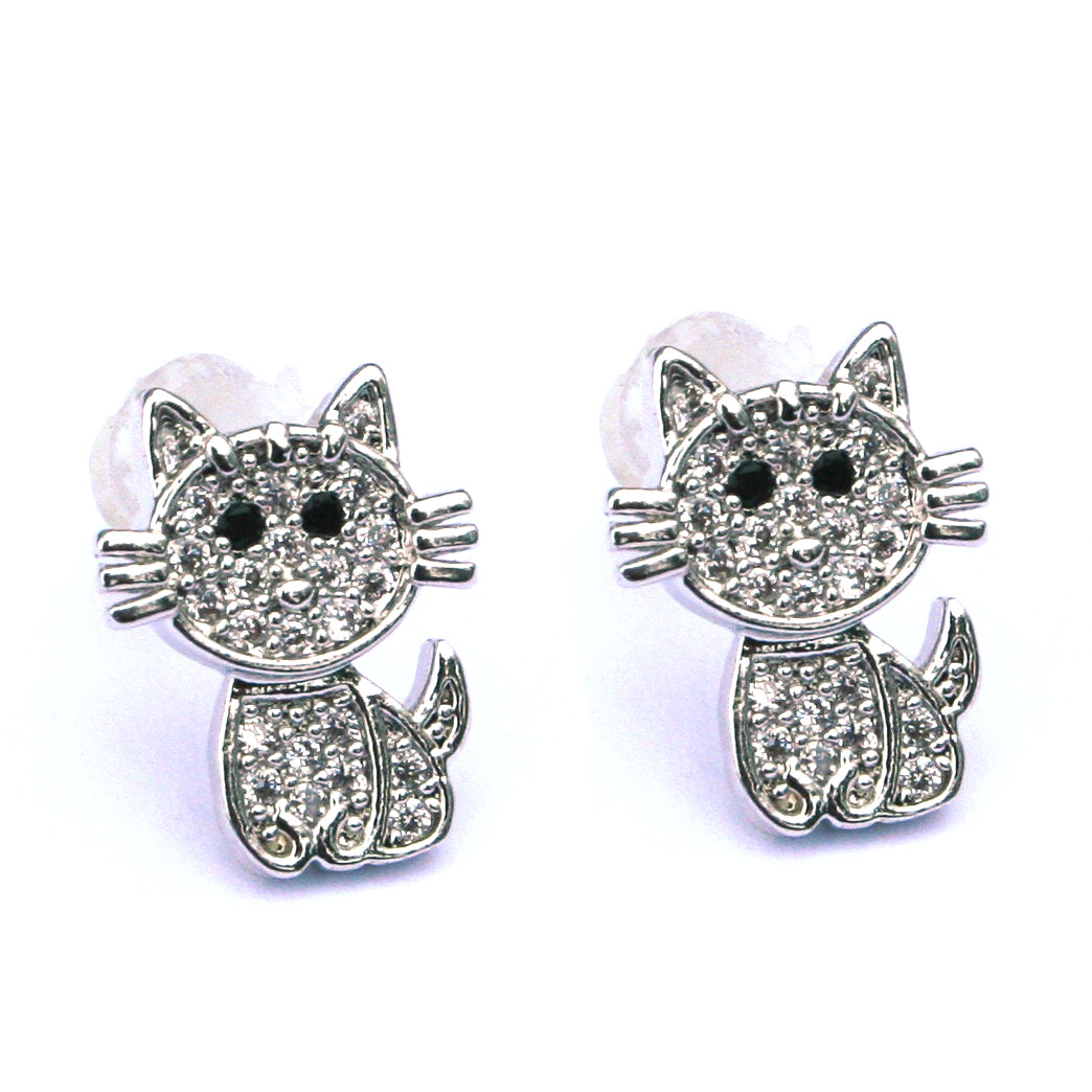 Black Ginger Diamante Cat Stud Earrings - Silver