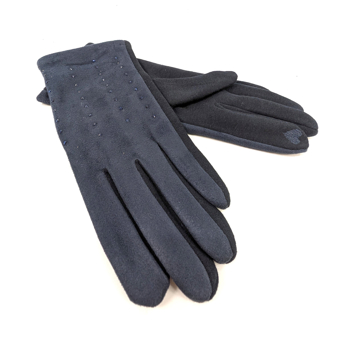 Black Ginger Diamante Suede Style Gloves - Navy
