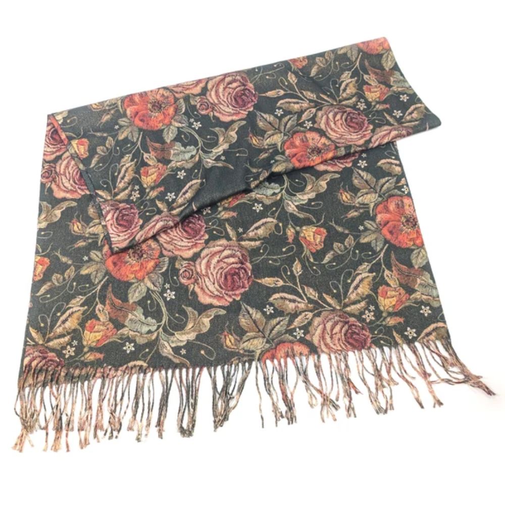 Black Ginger Dorrea - Vintage Roses Sparkling Scarf (70x180cm) - Green