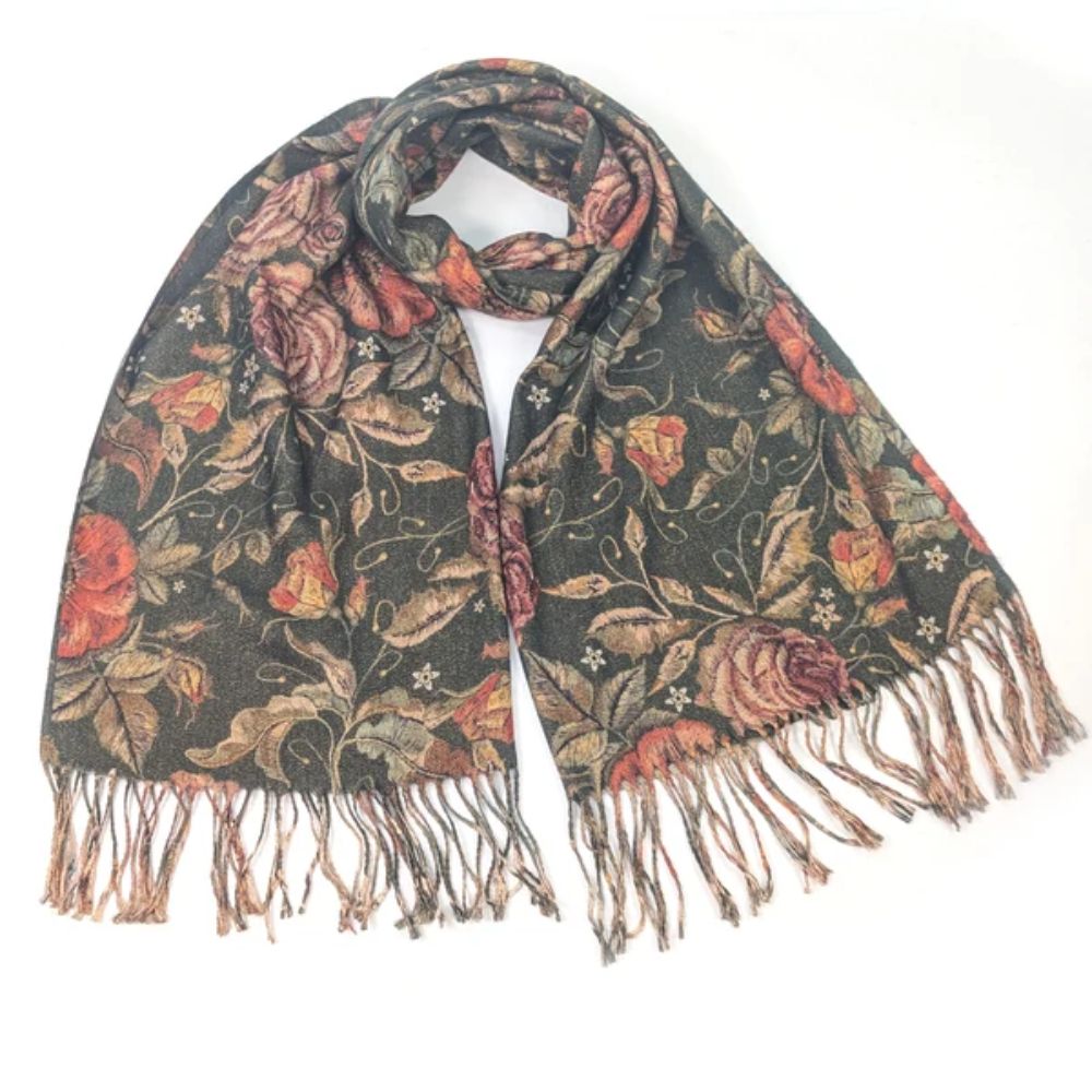 Black Ginger Dorrea - Vintage Roses Sparkling Scarf (70x180cm) - Green