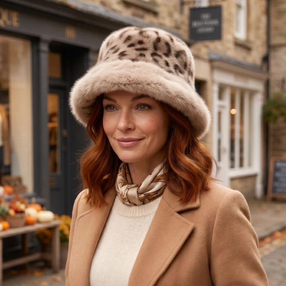 Black Ginger Faux Fur Animal Print Hat with Faux Fur Trim - Mink Brown