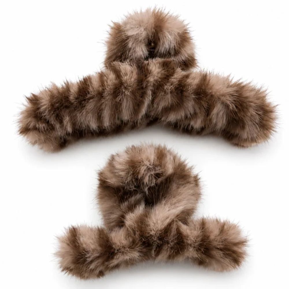 Black Ginger Set of 2 Faux Fur Hair Clips - Brown Animal Print