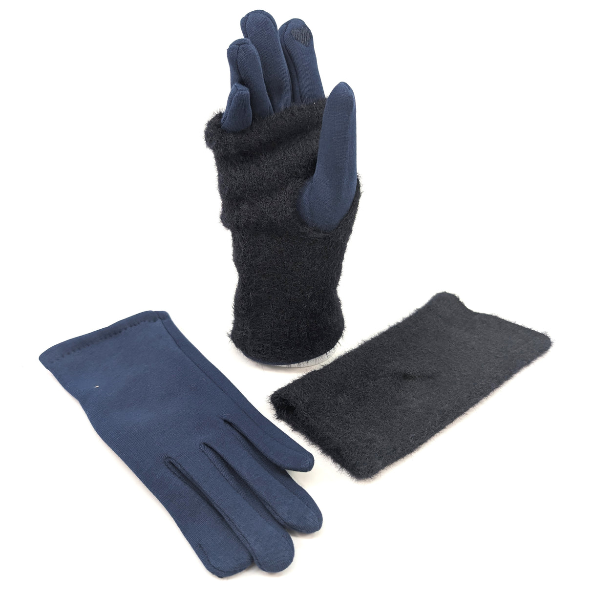 Black Ginger Faux Fur Two in One Gloves - Navy