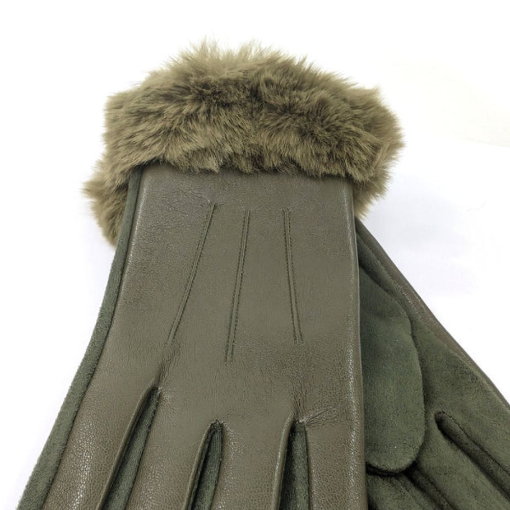 Black Ginger Faux Fur and Vegan Leather Gloves - Dark Green