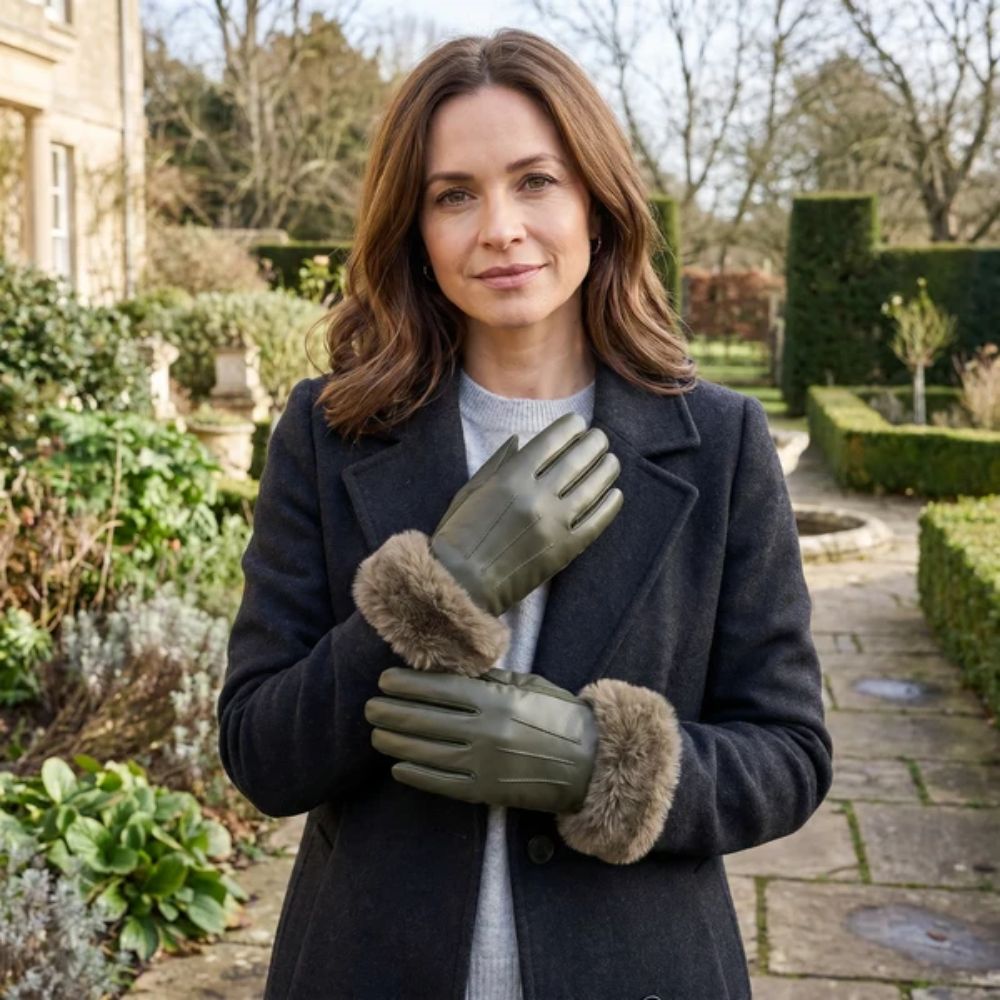 Black Ginger Faux Fur and Vegan Leather Gloves - Dark Green