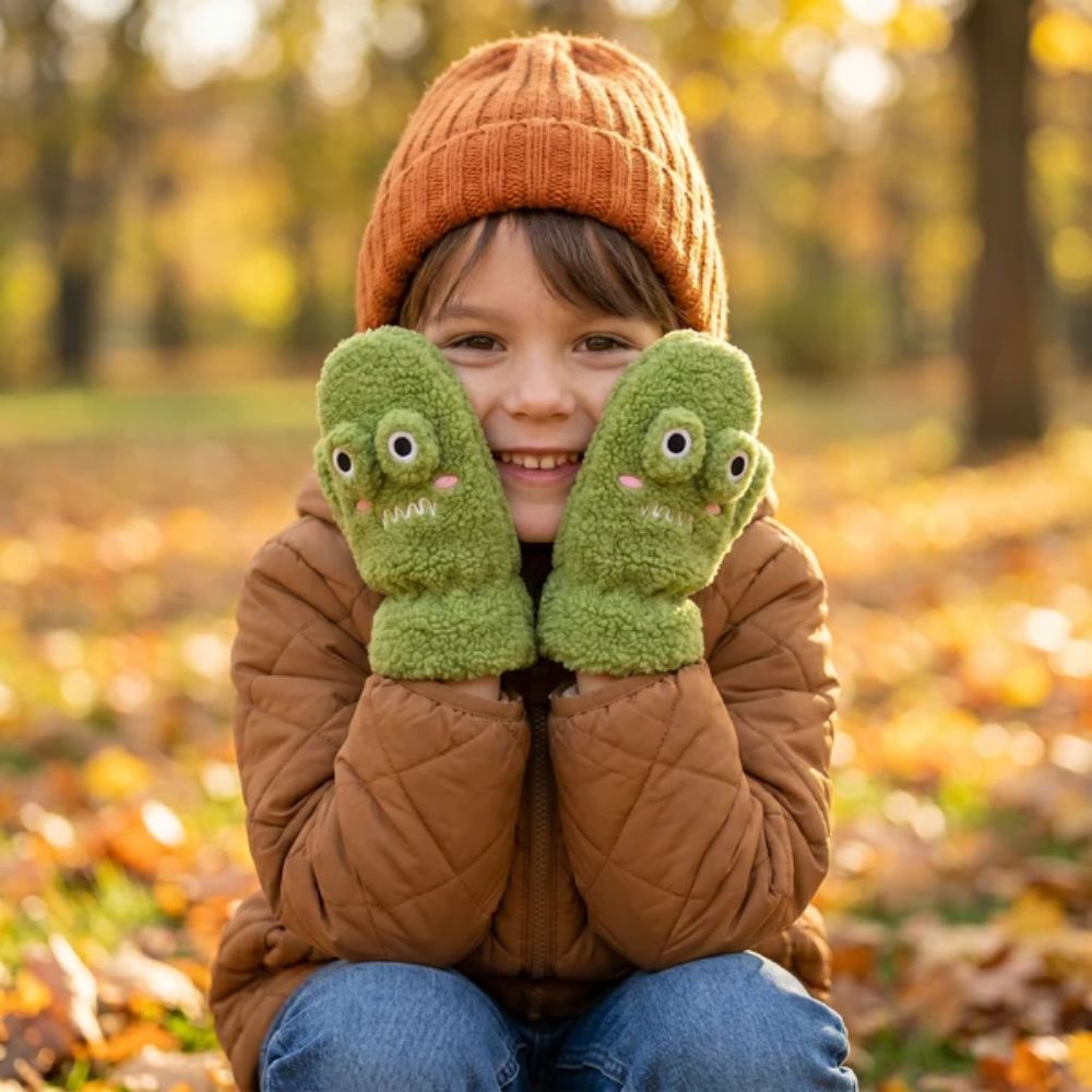 Black Ginger Froggy Teddy Bear Kids Gloves (4-8yrs) - Green