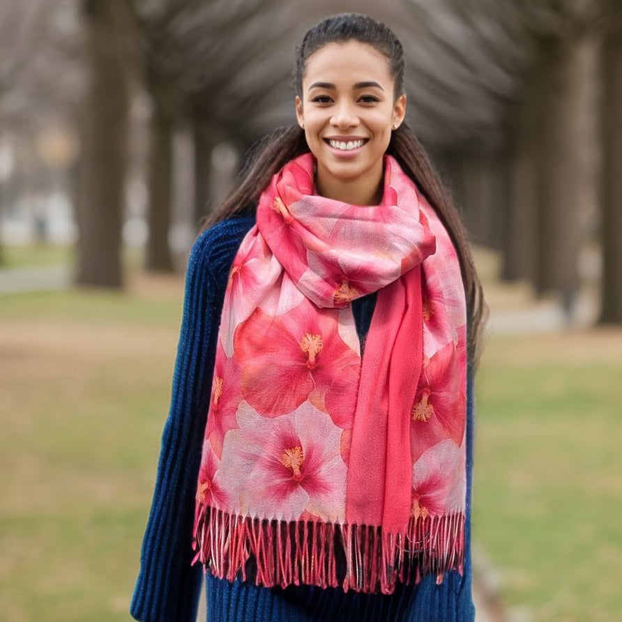 Black Ginger Hibiscus Pashmina Style Scarf - Pink