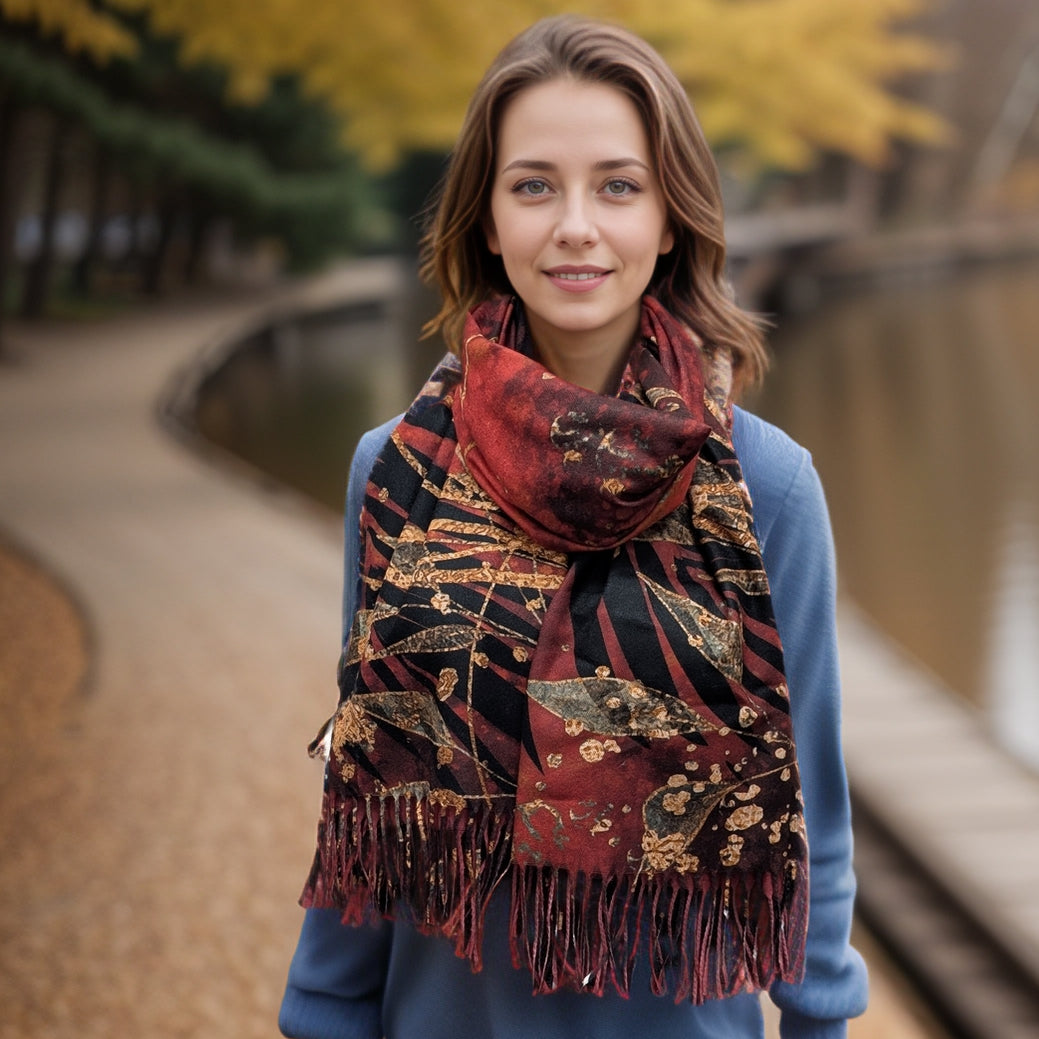 Black Ginger Kursi Golden Leaf Pashmina Scarf - Red