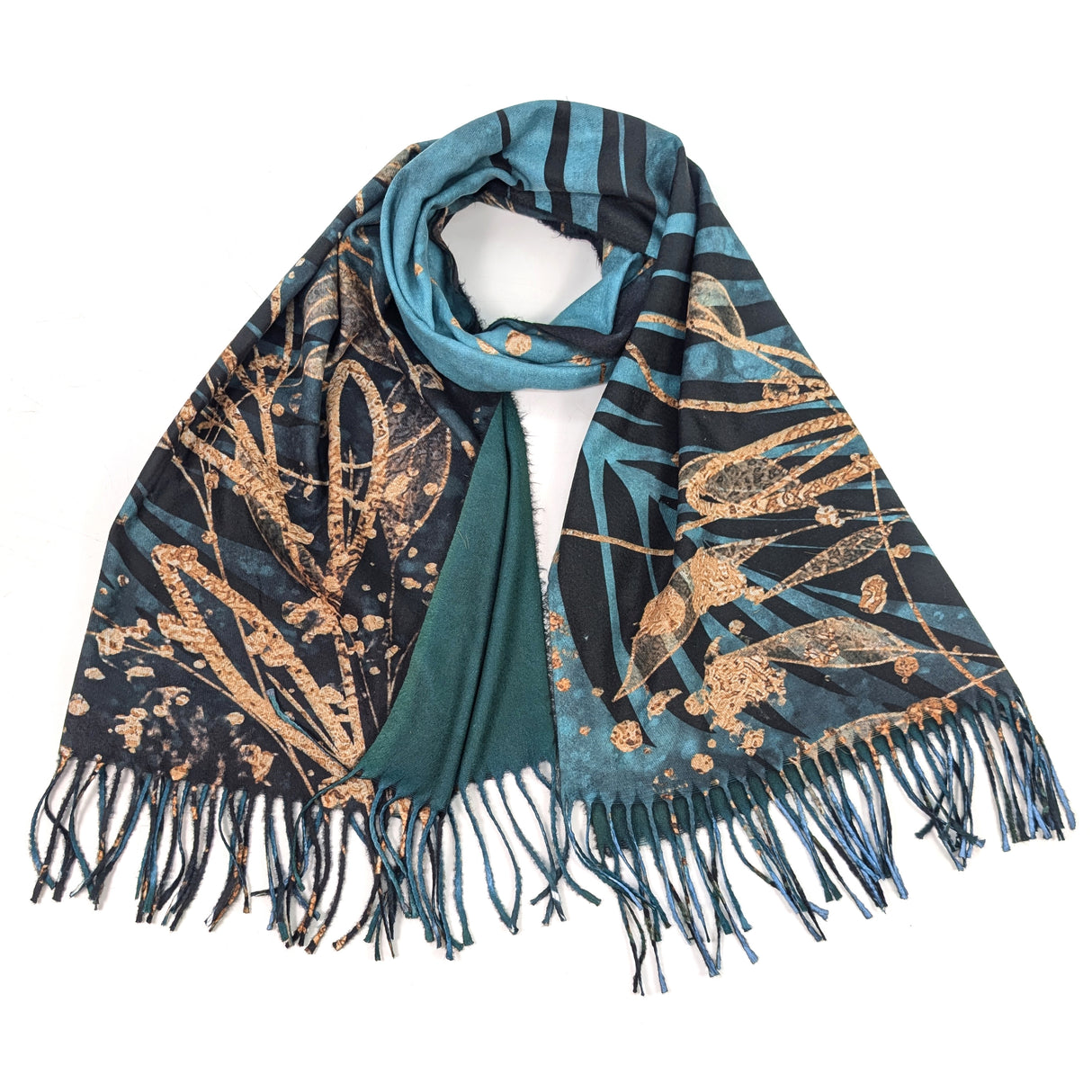 Black Ginger Kursi Golden Leaf Pashmina Scarf - Teal