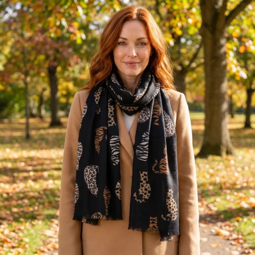 Black Ginger Lacarre - Animal Print Cats Scarf (70x180cm) - Black