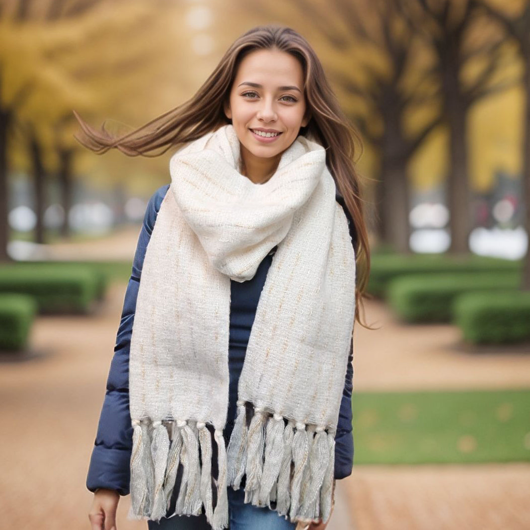 Black Ginger Lipah Ribbons Thick Knitted Scarf - Cream