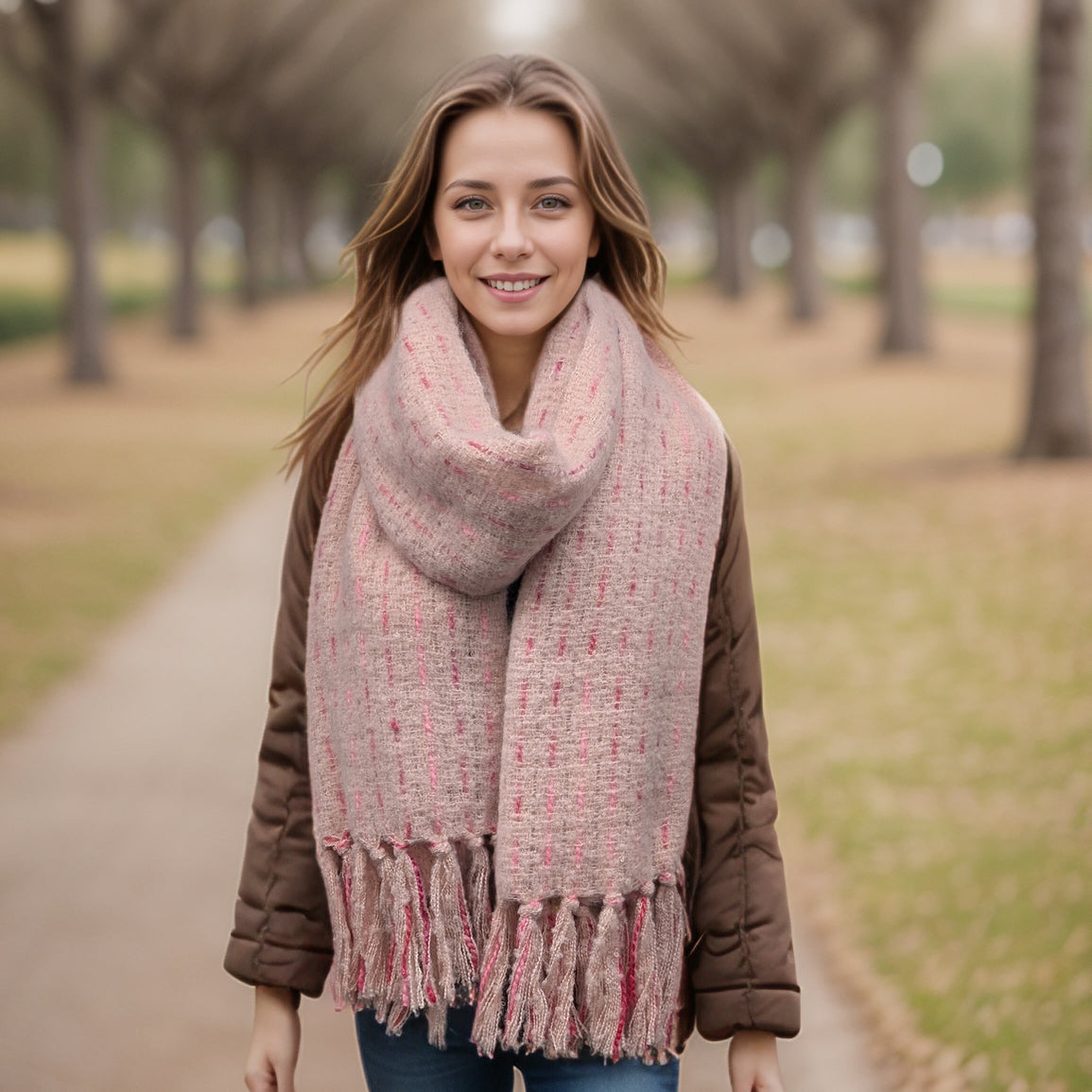 Black Ginger Lipah Ribbons Thick Knitted Scarf - Pink