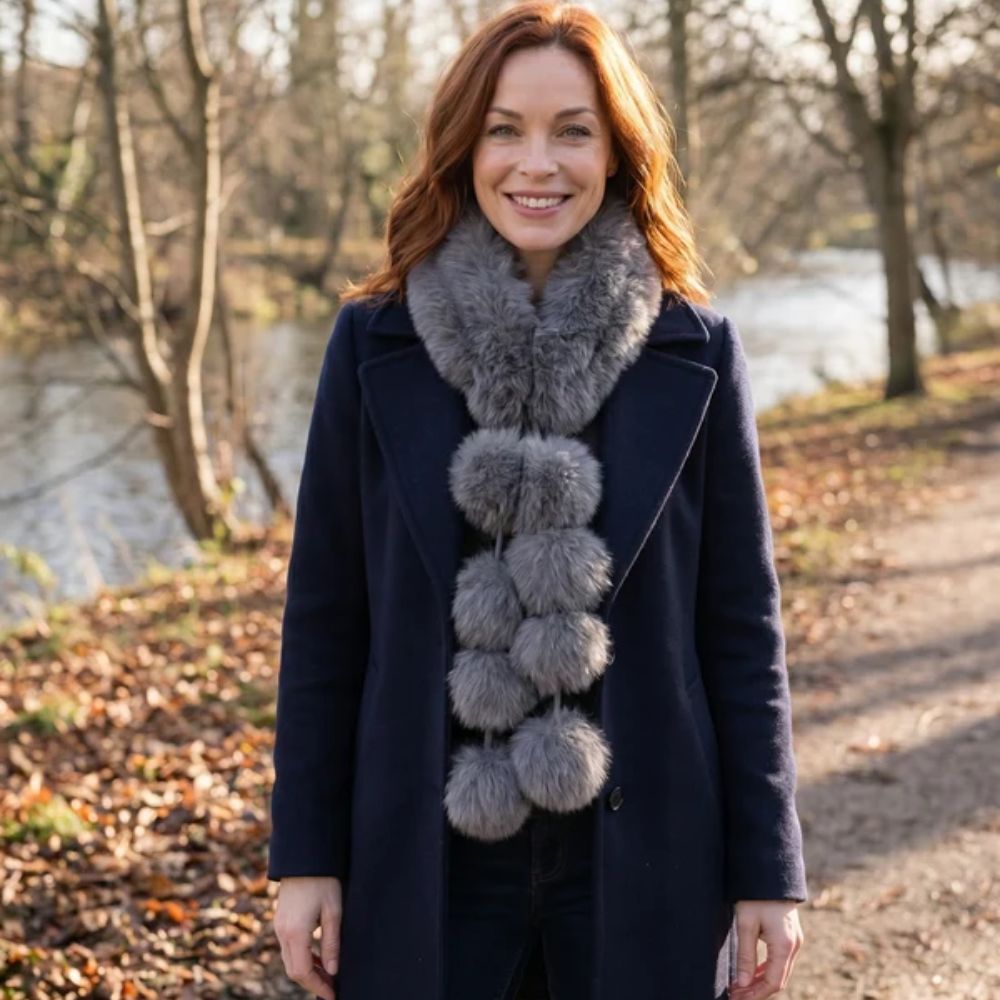 Black Ginger Magnetic Faux Fur Collar with Long PomPom Tie - Grey