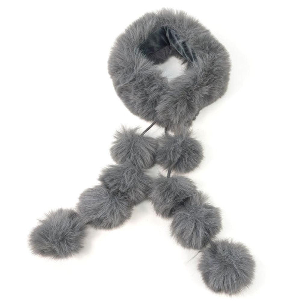 Black Ginger Magnetic Faux Fur Collar with Long PomPom Tie - Grey