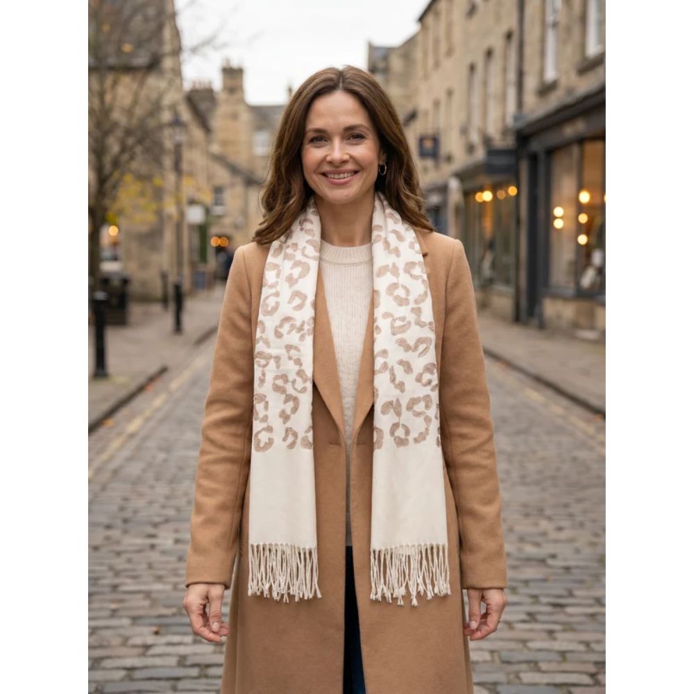 Black Ginger Bidart - Animal Print Embroidery Scarf (65x180cm) - Cream