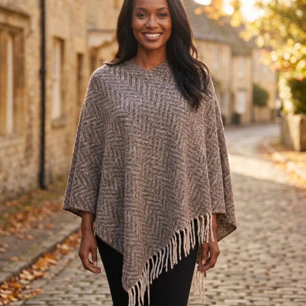 Black Ginger Orx - Herringbone Tasseled Poncho - Brown