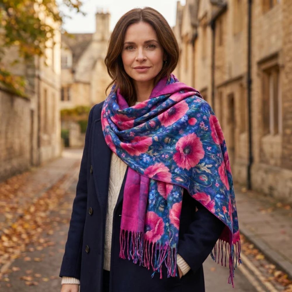 Black Ginger Pink Poppy Flower Pashmina Style Scarf (70x180cm) - Exclusive Design