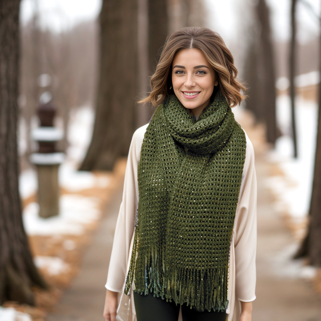 Black Ginger Rila Sequin Long Knitted Scarf - Dark Green