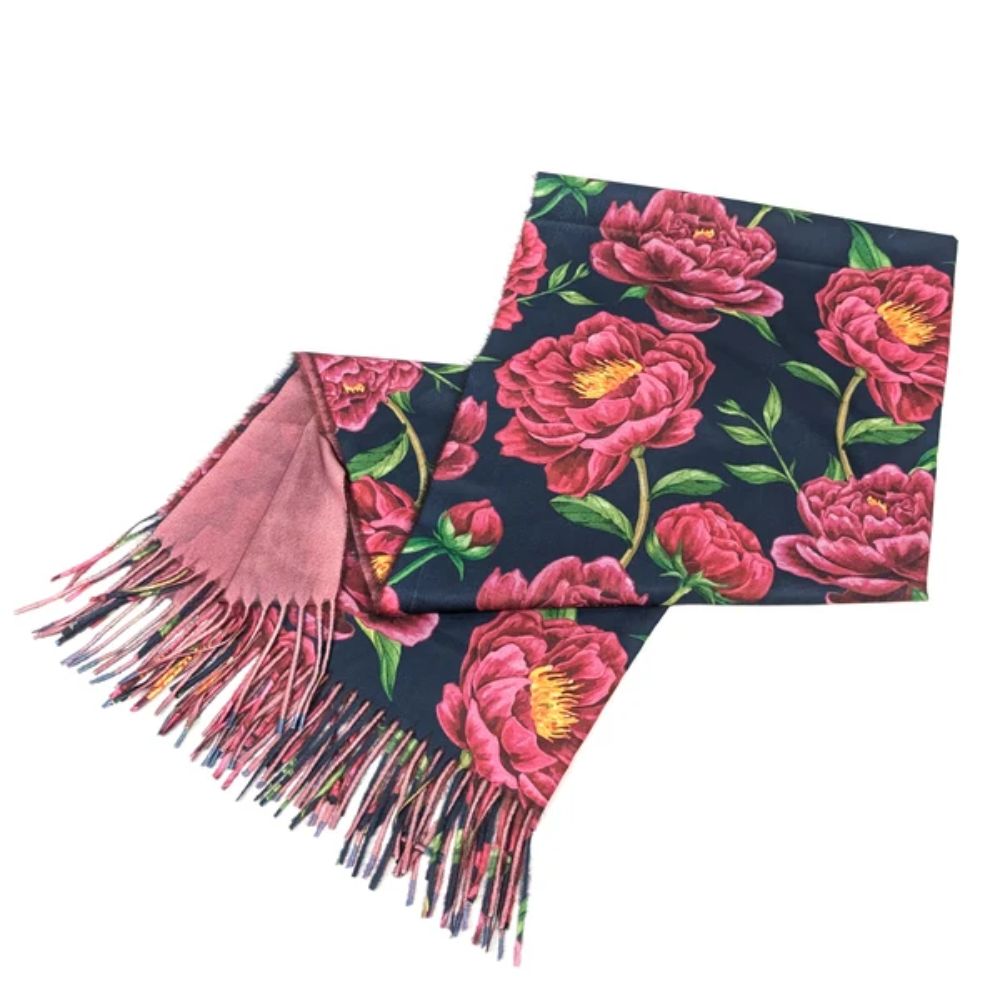 Black Ginger Ruby Peony Pashmina Style Scarf (70x180cm) - Exclusive Design