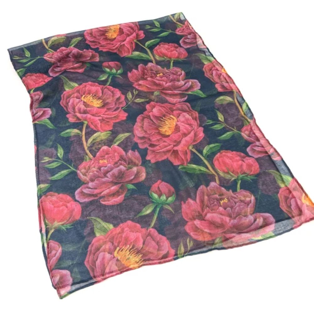 Black Ginger Ruby Peony Scarf (70x180cm) - Exclusive Design