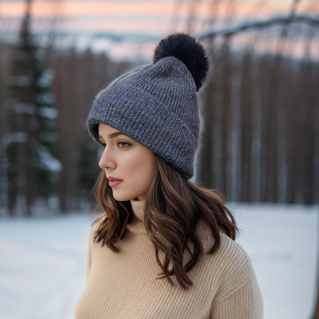 Black Ginger Sequin Faux Fur Pom Pom Hat - Navy