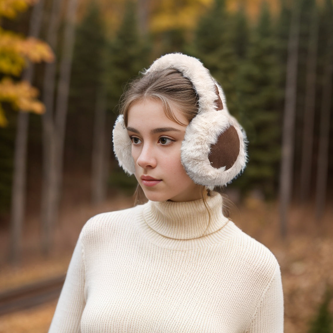 Black Ginger Sheepskin Style Foldable Ear Muffs - Tan