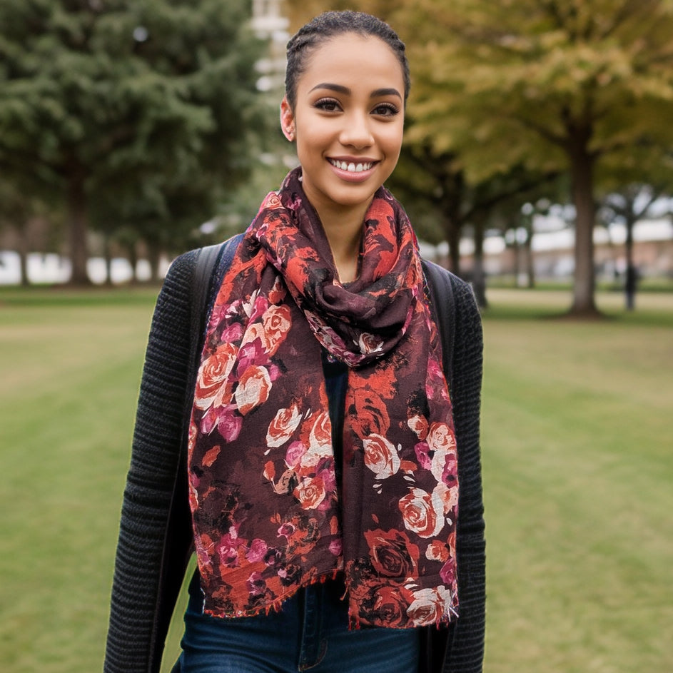 Black Ginger Tirtha Roses Scarf - Dark Red