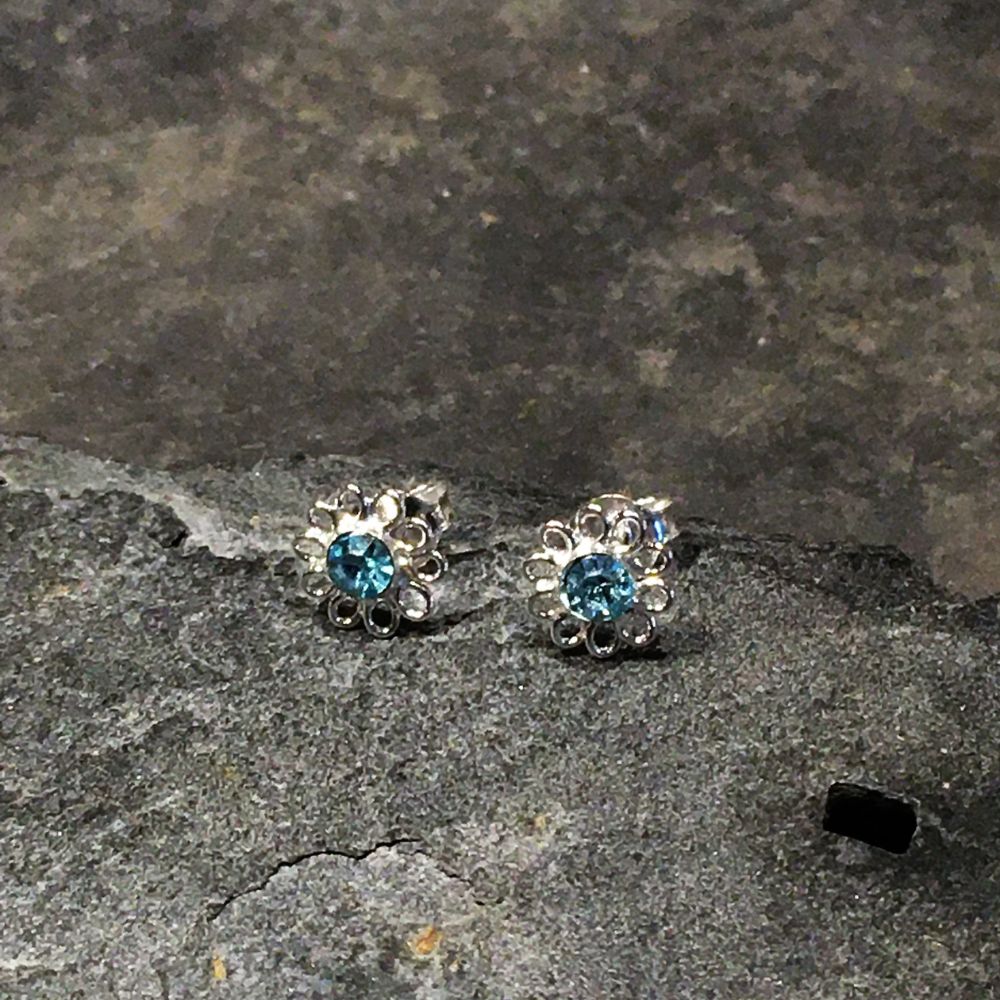 Blue Lily 8mm Aqua Cubic Zirconia Flower Stud Earrings