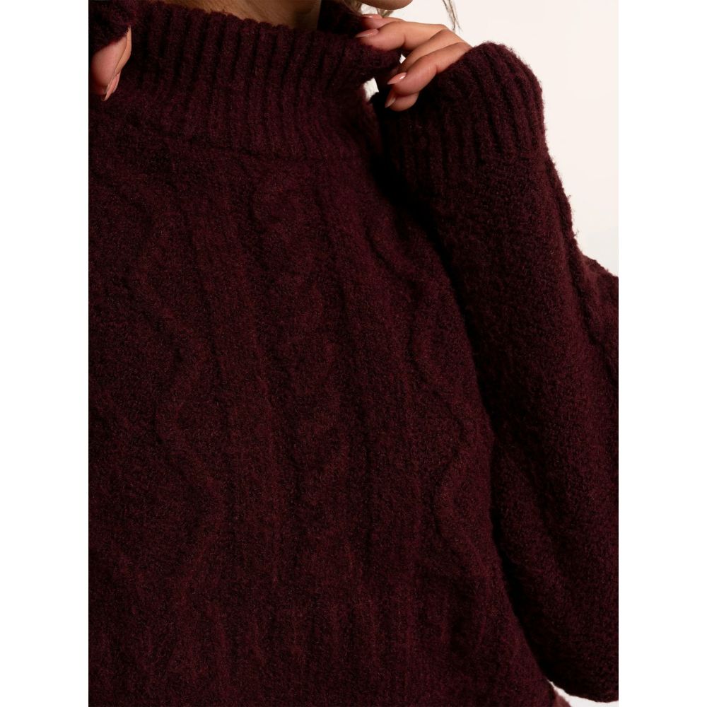 Brakeburn Freya Cable Knit Funnel High Neck Jumper - Burgundy