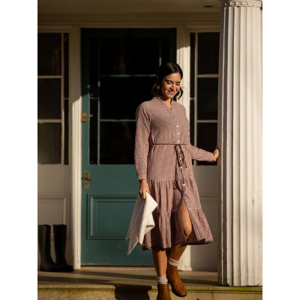 Brakeburn Beech Checkered Frill Midi Dress - Brown