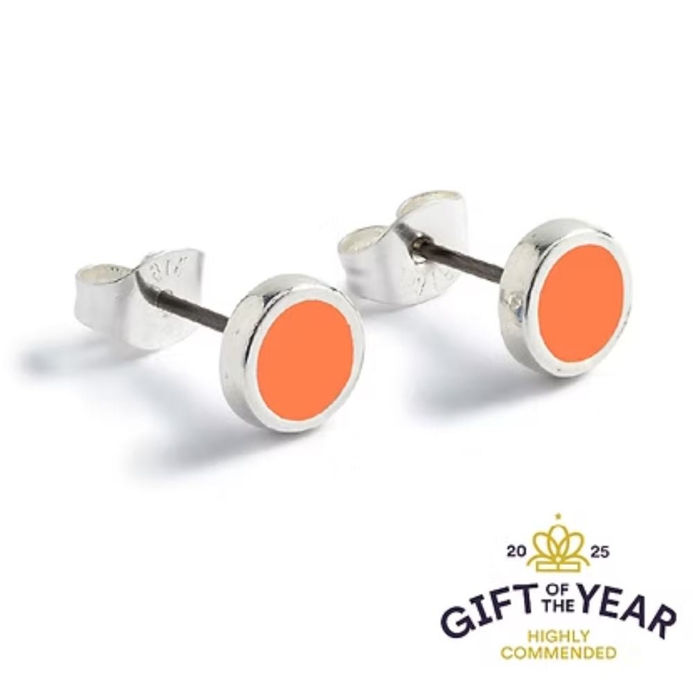 Carrie Elspeth Bright Coral Silver Round Enamel Stud Earrings - Old Railway Line Garden Centre