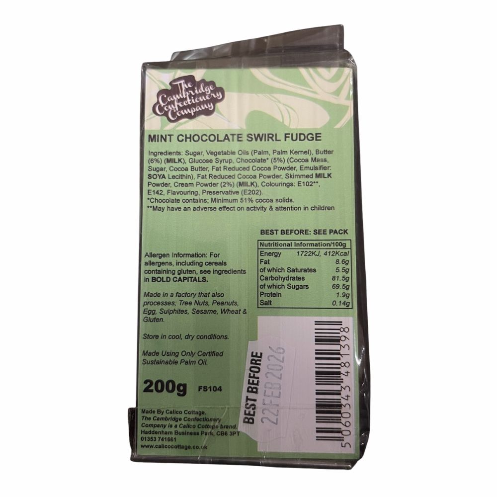 Cambridge Confectionery Company 200g Mint Chocolate Swirl Fudge Bar