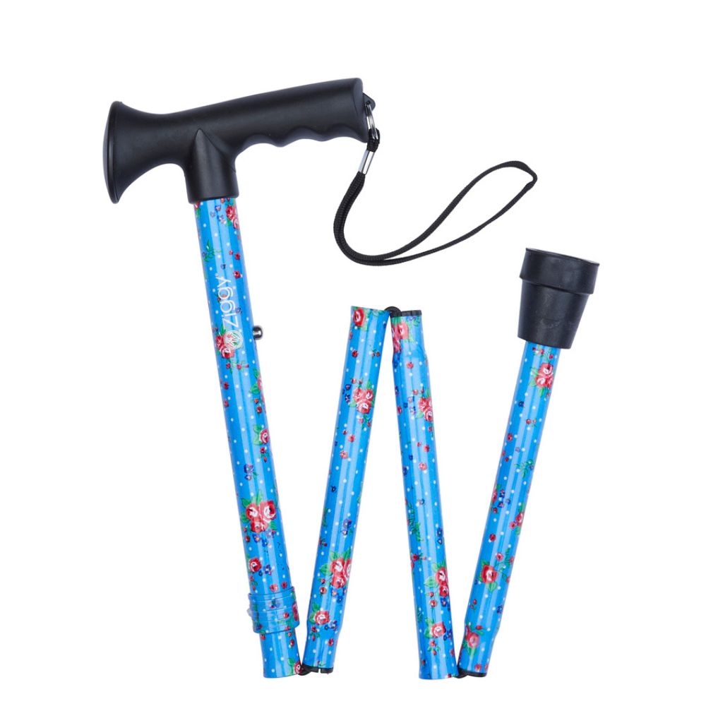 Charles Buyers 95cm Blue Floral Pattern Folding Stick With Gel Grip Handle