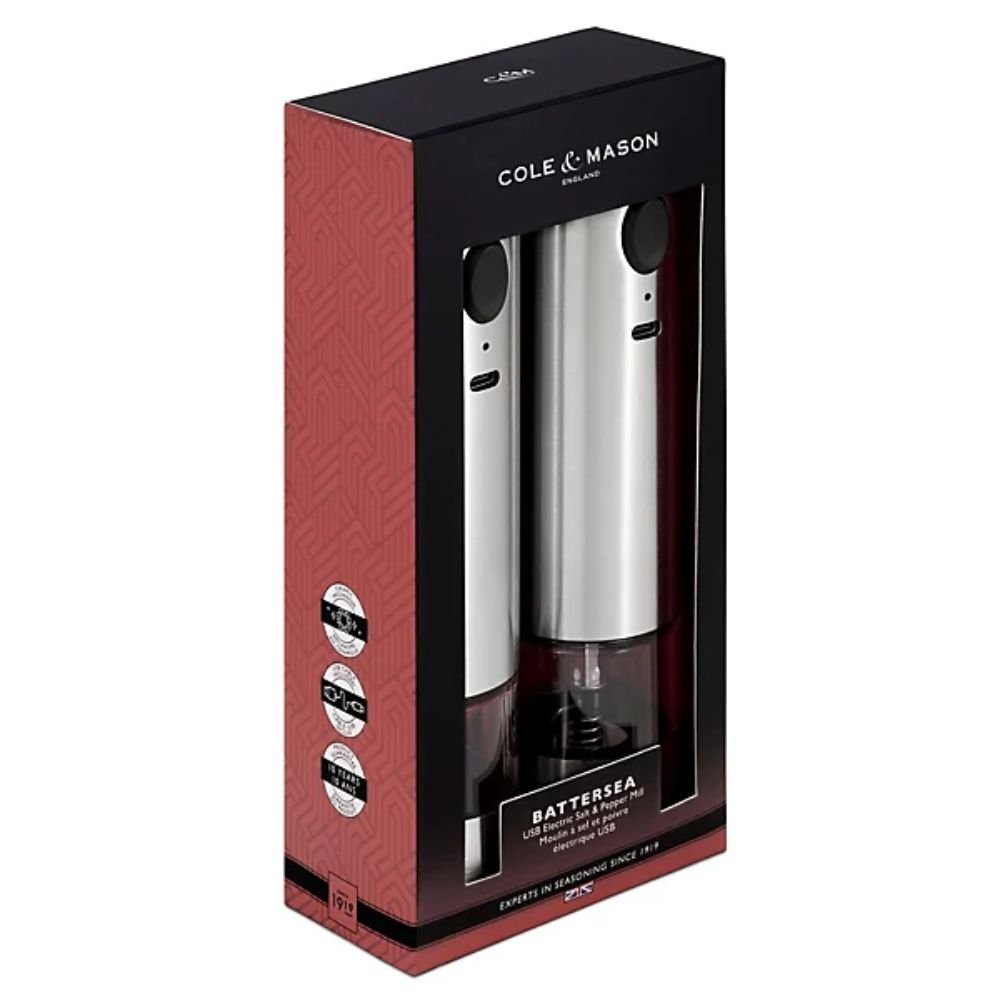 Cole & Mason Battersea USB Electric Stainless Steel Salt & Pepper Mill Set - Old Railway Line Garden Centre
