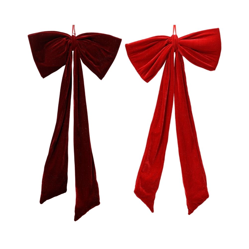 Decoris 100cm Large Glitter Velvet Bow Hanging Decoration - Red - (Choice of 2)