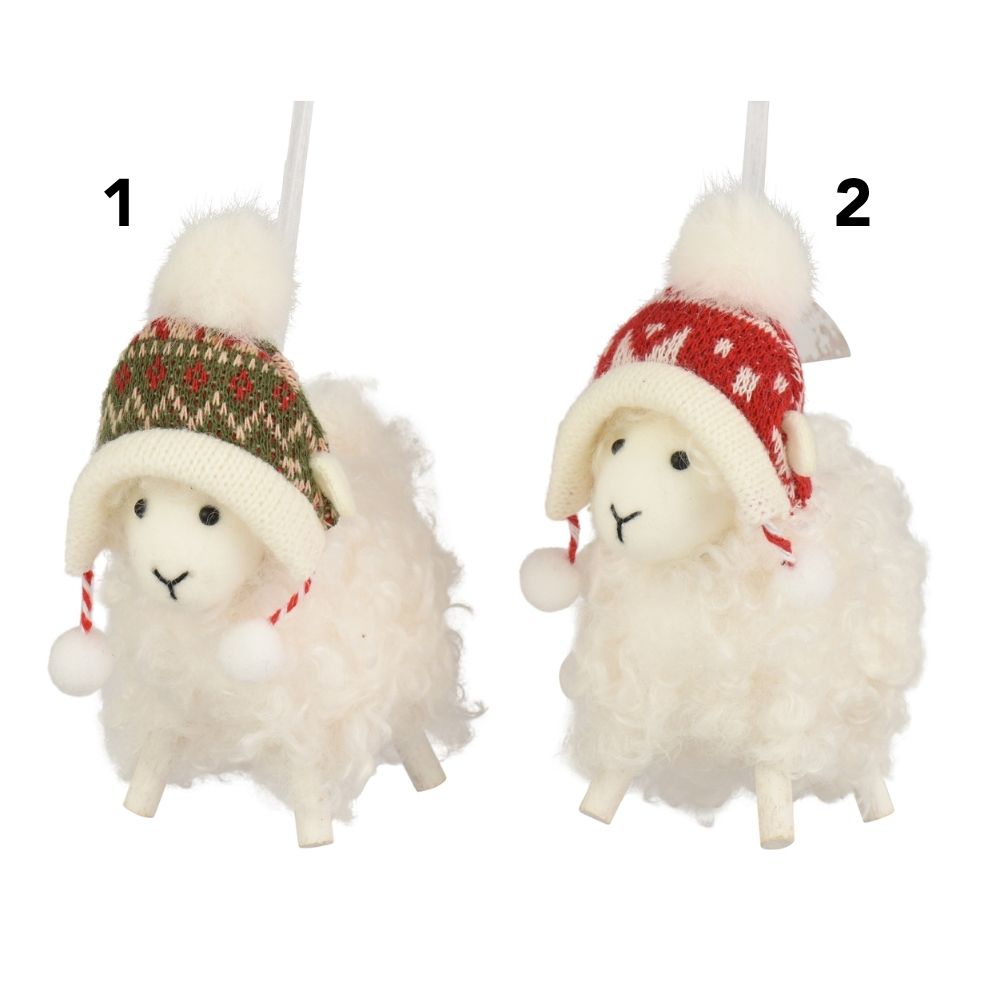 Decoris 12cm Curly Lamb in Hat Hanging Decoration - (Choice of 2)