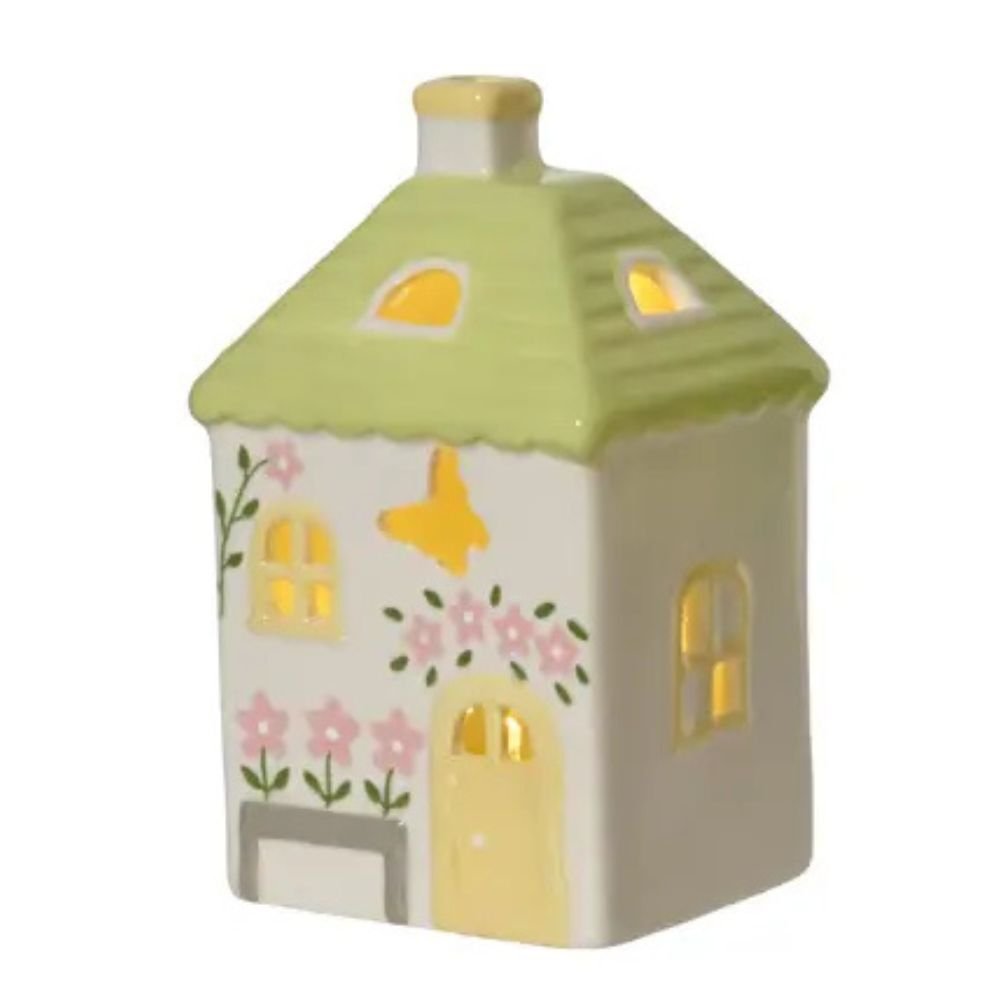 Decoris 14.5cm Porcelain LED House (Choice of 3) - Green/White - Old Railway Line Garden Centre