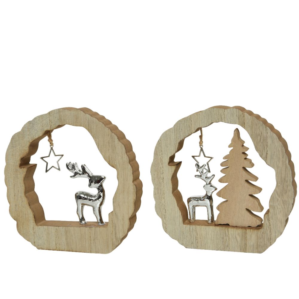 Decoris 14cm Polyresin Reindeer Wooden Ornament (Choice of 2)