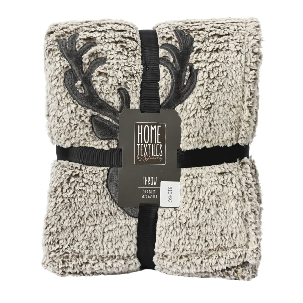 Decoris 170cm Embroidery Reindeer Fleece Throw - Grey