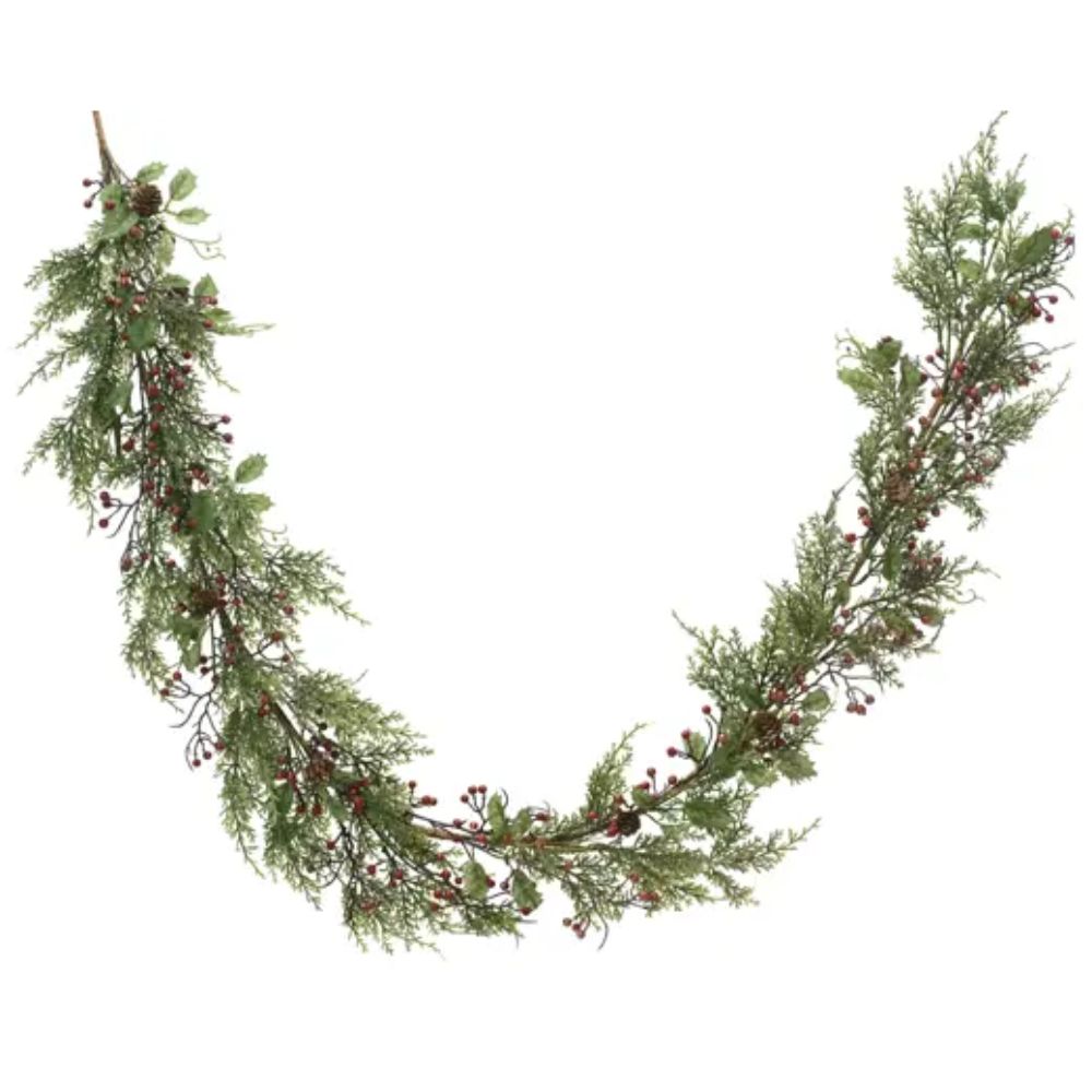 Decoris 180cm Red Berries, Pinecones & Glitter Indoor Garland