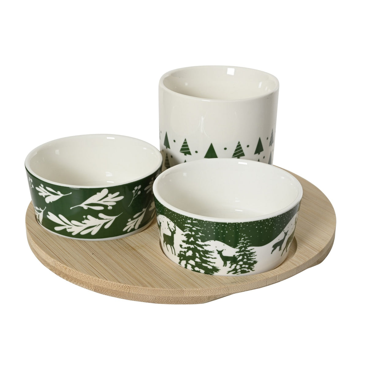 Set of ceramic bowls with nature-themed designs on a wooden tray