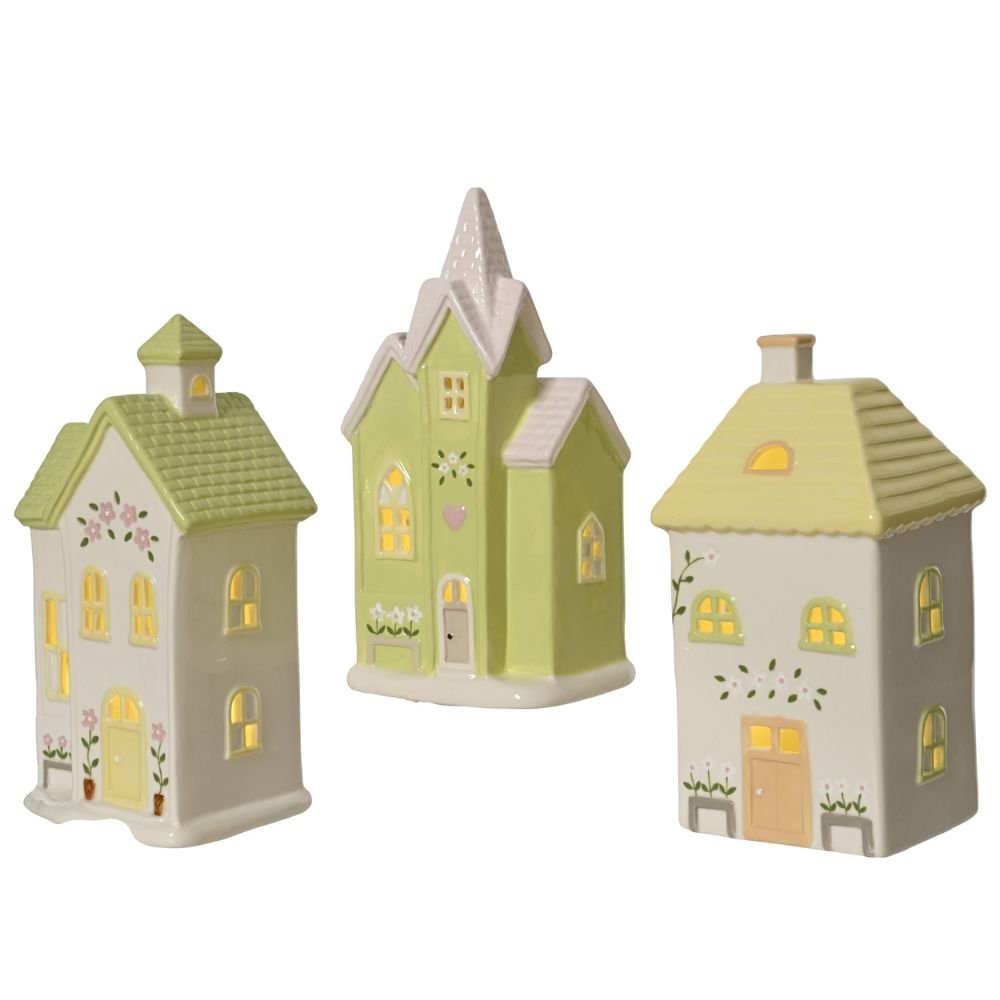 Decoris 22cm Porcelain LED House (Choice of 3) - Green/White - Old Railway Line Garden Centre