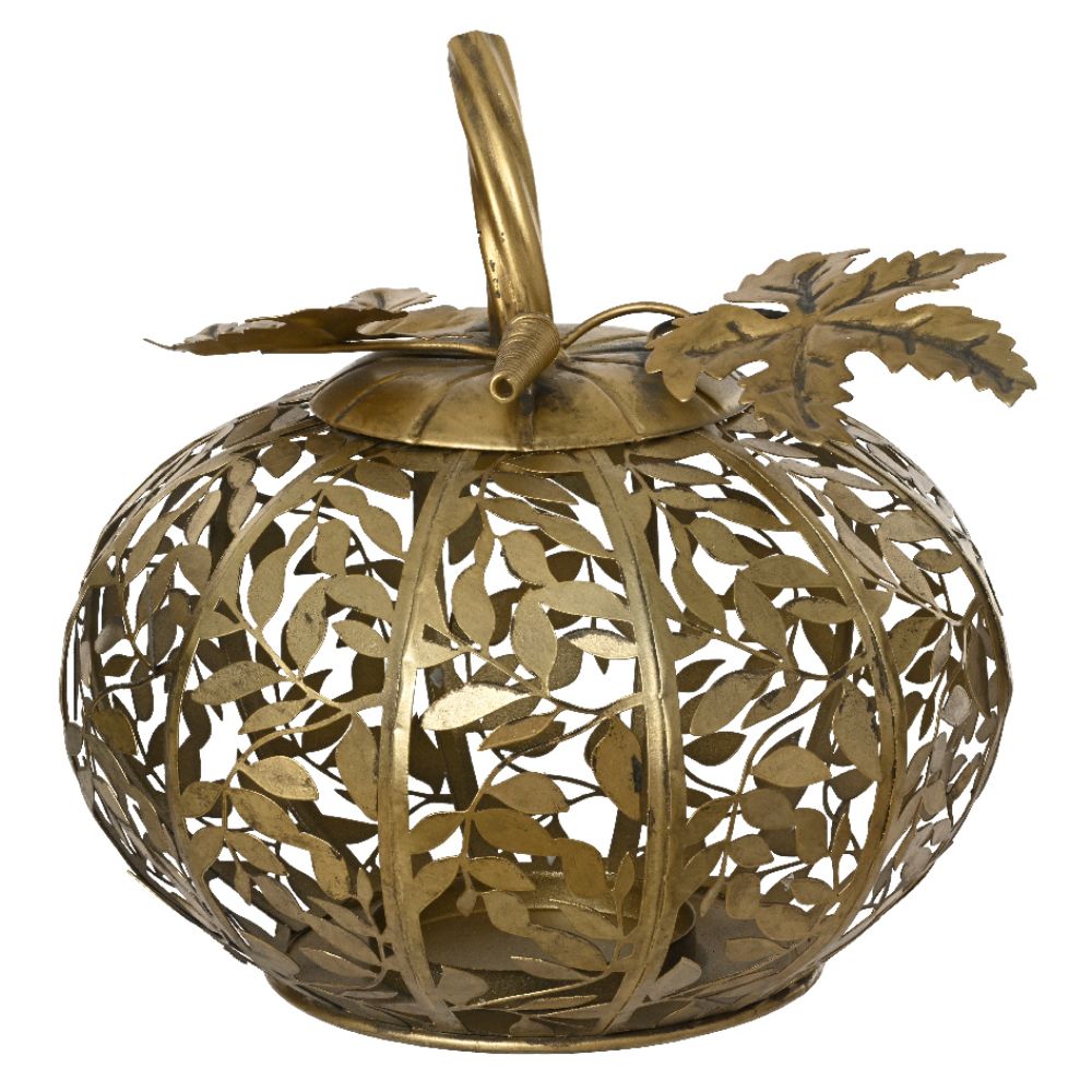 Decoris 30cm Antique Gold Iron Pumpkin Lantern
