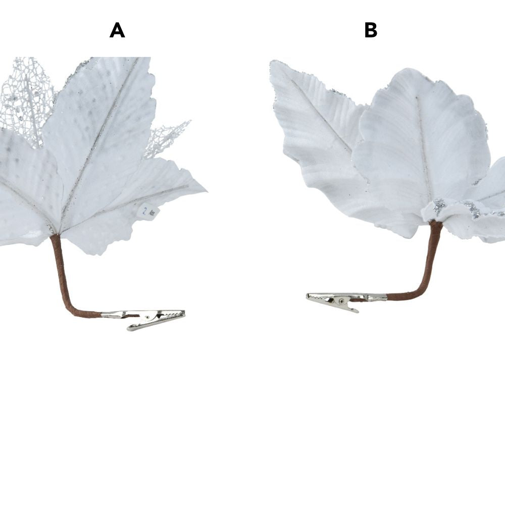 Decoris 27cm White Poinsettia with Sequin Petal Clip (Choice of 2)