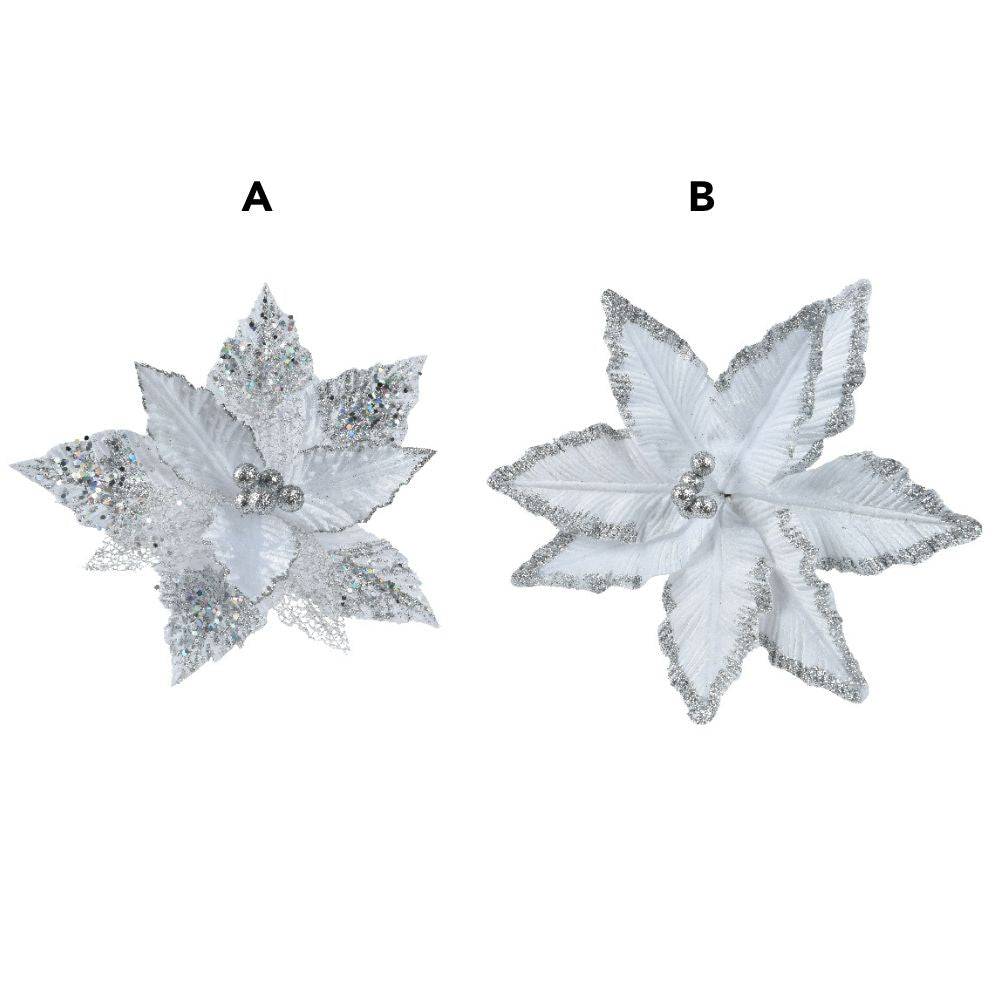 Decoris 27cm White Poinsettia with Sequin Petal Clip (Choice of 2)